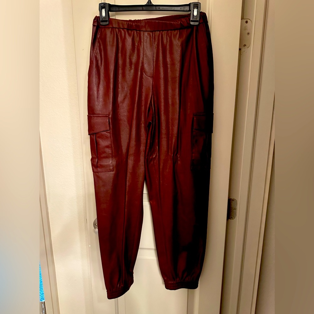 BCBG Faux leather cargo jogger pants maroon/burgundy.